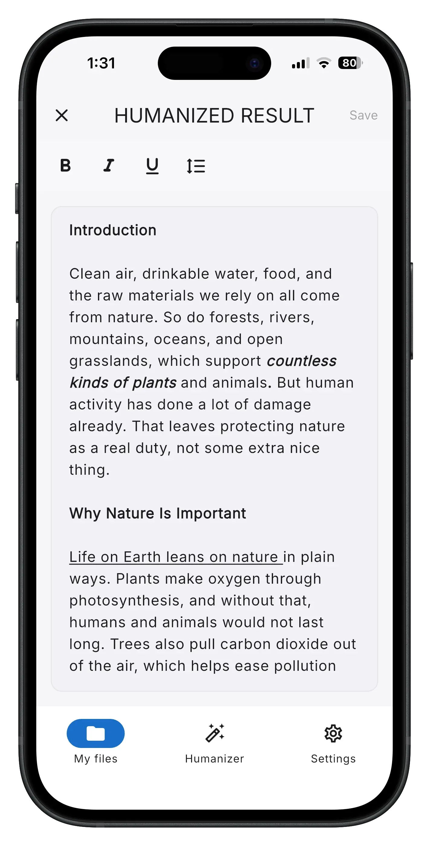 WriteReal editor with bold, italic, underline, and paragraph spacing