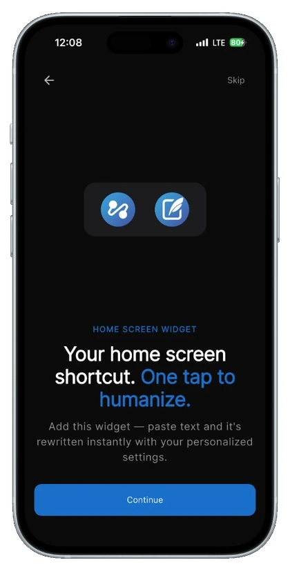 WriteReal home screen widget for one-tap humanizing